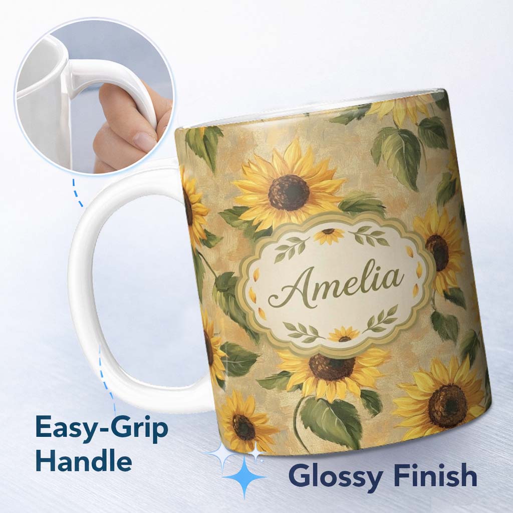 Personalized Custom Name Golden Sunflower Floral Rustic Garden Seamless Pattern Lovely 11oz Ceramic Coffee Tea Mug White Large Handle