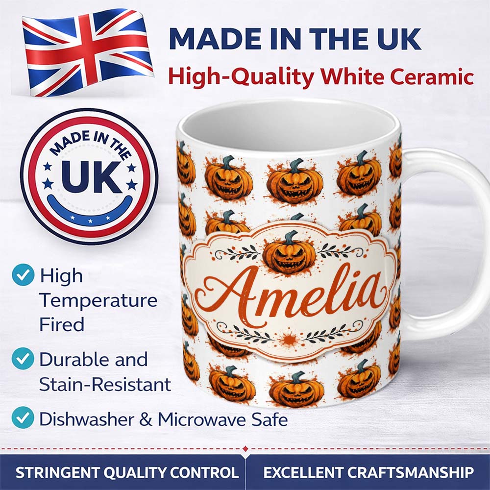 Personalized Custom Name Grunge Style Pumpkin Splash White Background Halloween Seamless 11oz Ceramic Coffee Tea Mug White Large Handle