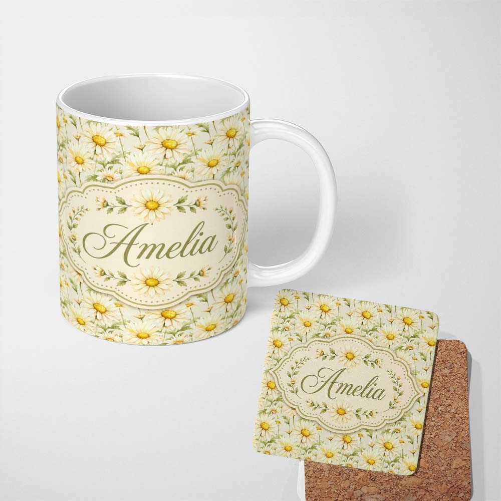 Personalized Custom Name Soft Cream Background Daisy Botanical Seamless Pattern Lovely 11oz Ceramic Coffee Tea Mug White Large Handle