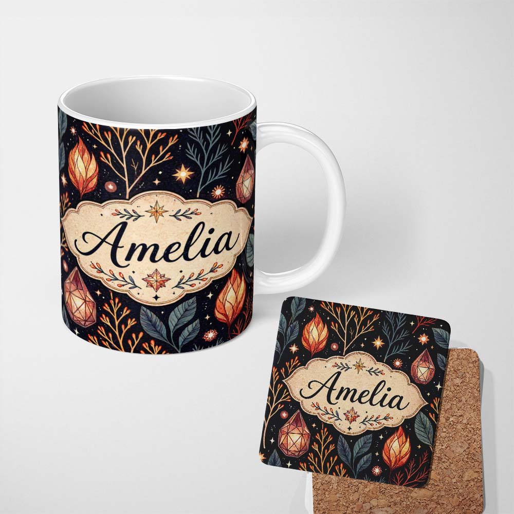 Personalized Custom Name Mystic Crystal Botanical Night Sky Seamless Pattern Cute Unique Gift 11oz Ceramic Coffee Tea Mug White Large Handle