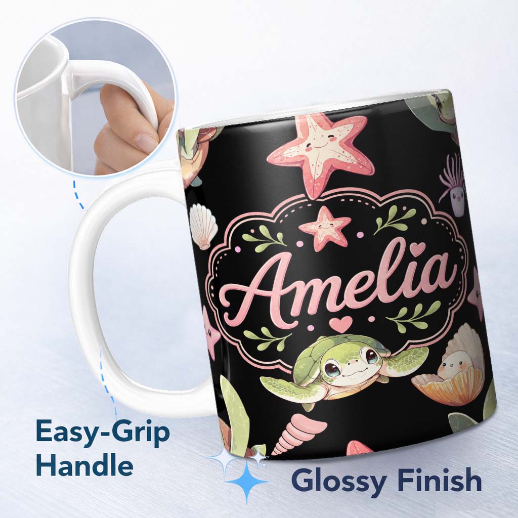 Personalized Custom Name Cute Cartoon Sea Turtle Starfish Shells on White Background Seamless 11oz Ceramic Coffee Tea Mug White Large Handle
