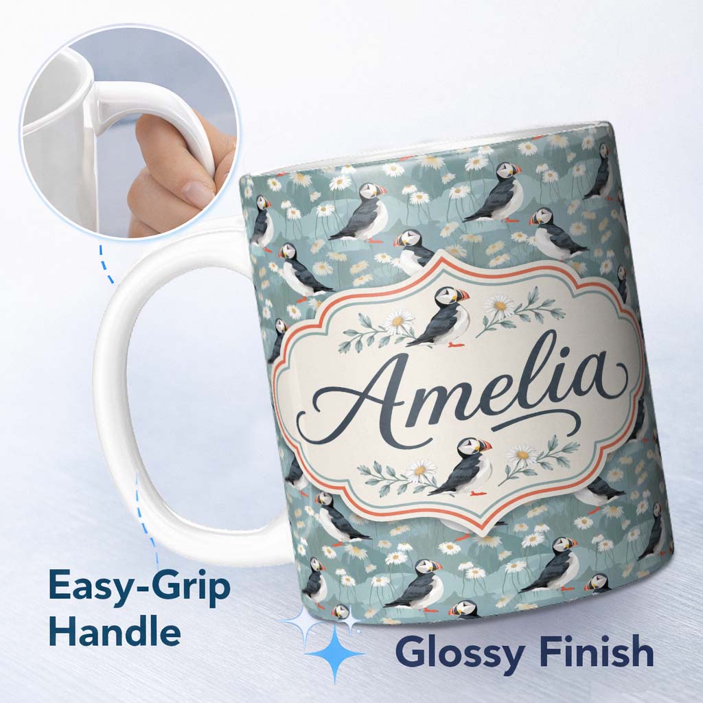 Personalized Custom Name Puffin and Daisy Field Pattern Soft Blue Nature Seamless Design 11oz Ceramic Coffee Tea Mug White Large Handle