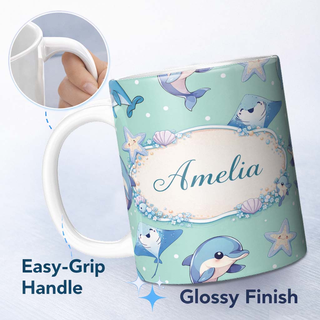 Personalized Custom Name Cute Dolphin Stingray Starfish Cartoon Sea Life Pattern Mint Lovely 11oz Ceramic Coffee Tea Mug White Large Handle