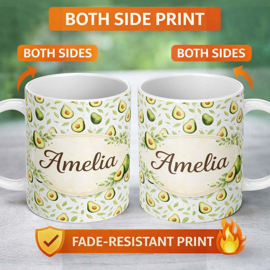 Personalized Custom Name Light Botanical Avocado Leaf Pattern Beautiful Coffee Cup Lovely 11oz Ceramic Coffee Tea Mug White Large Handle