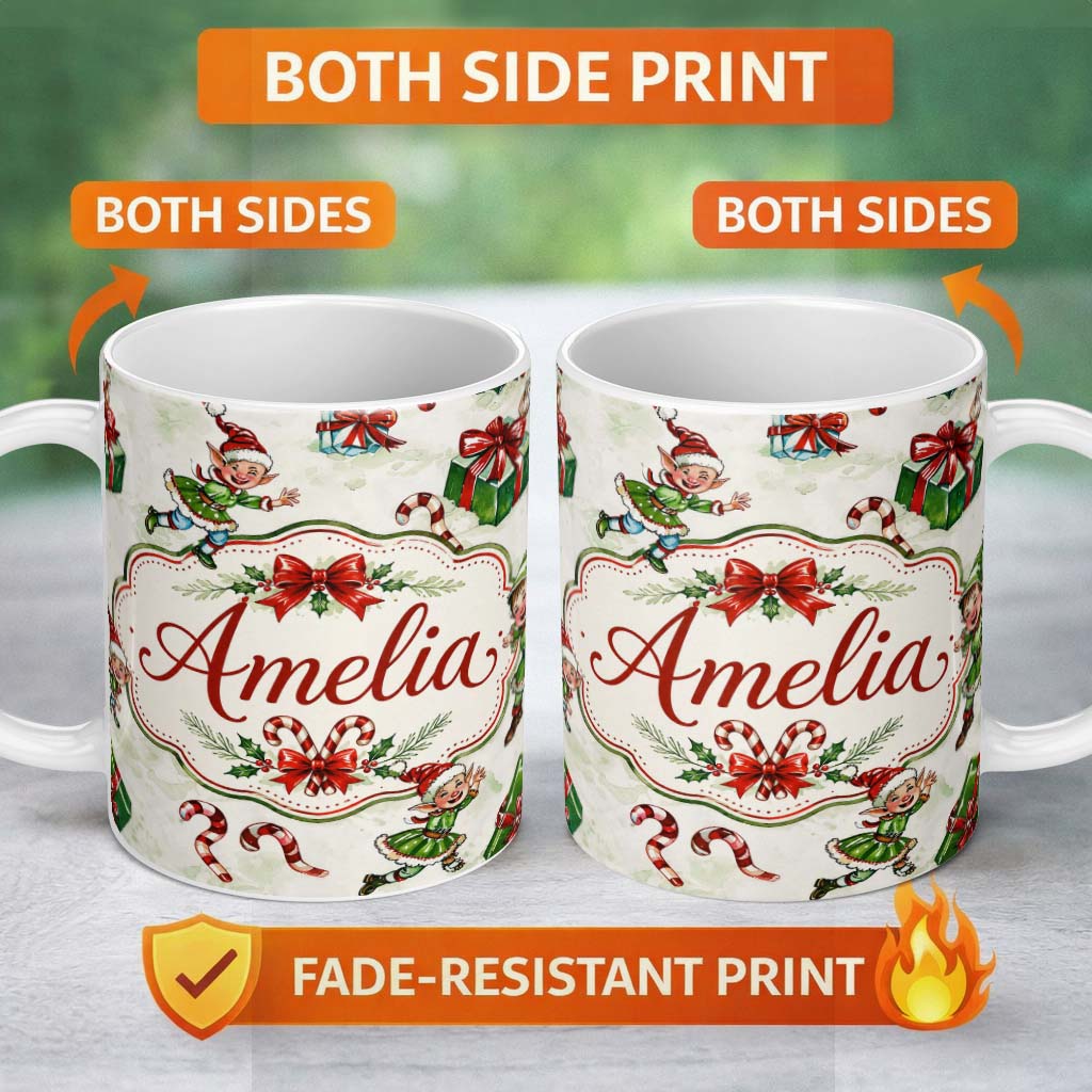 Personalized Custom Name Playful Christmas Elves Gifts Candy Cane Festive Seamless Pattern 11oz Ceramic Coffee Tea Mug White Large Handle
