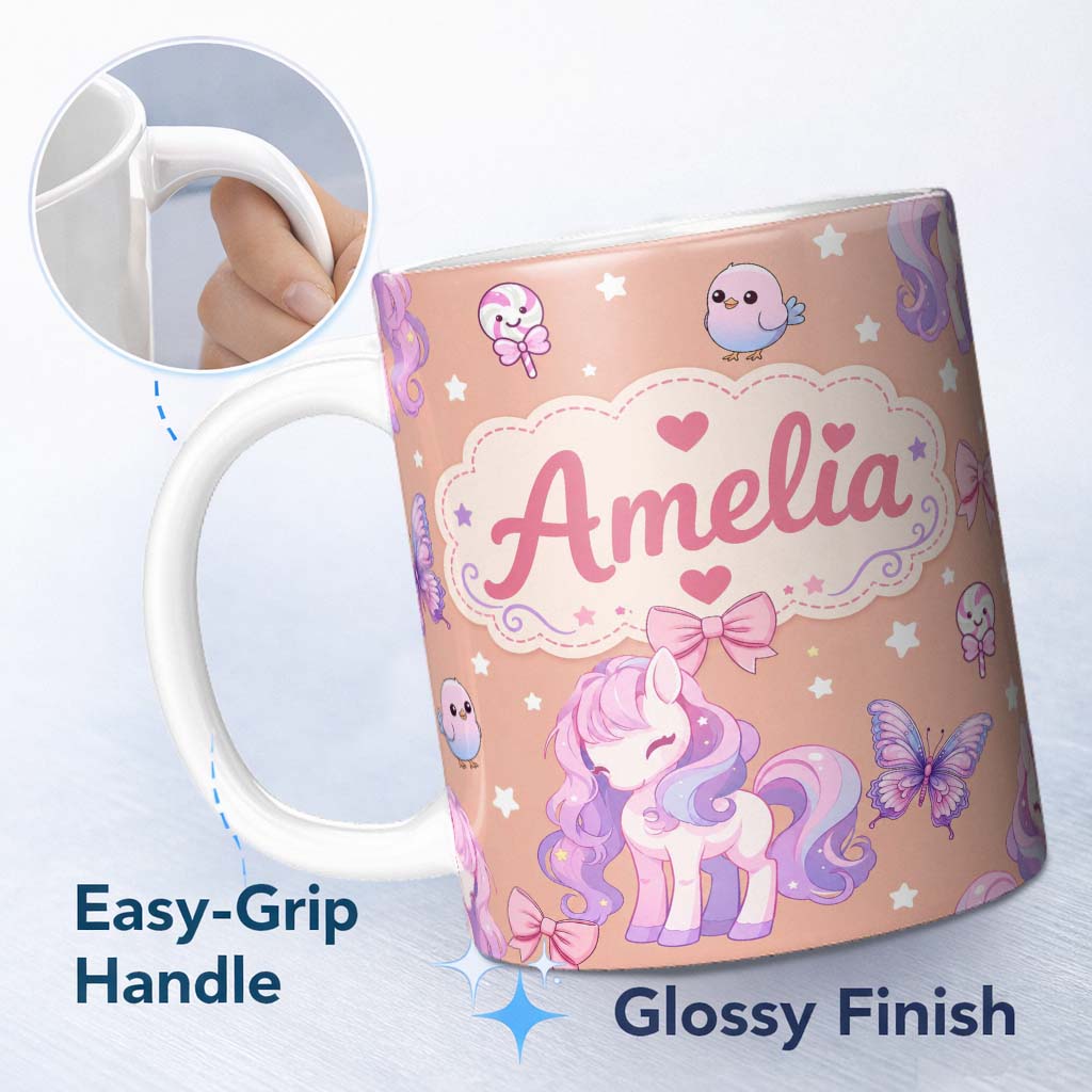 Personalized Custom Name Cute Pastel Unicorn Butterfly Candy Stars Peach Background Seamless 11oz Ceramic Coffee Tea Mug White Large Handle