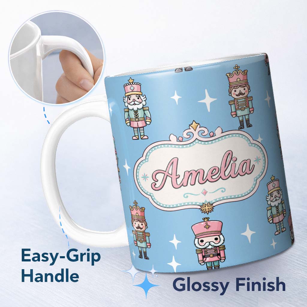 Personalized Custom Name Cute Nutcracker Soldiers Christmas Toy Characters Pattern Blue 11oz Ceramic Coffee Tea Mug White Large Handle