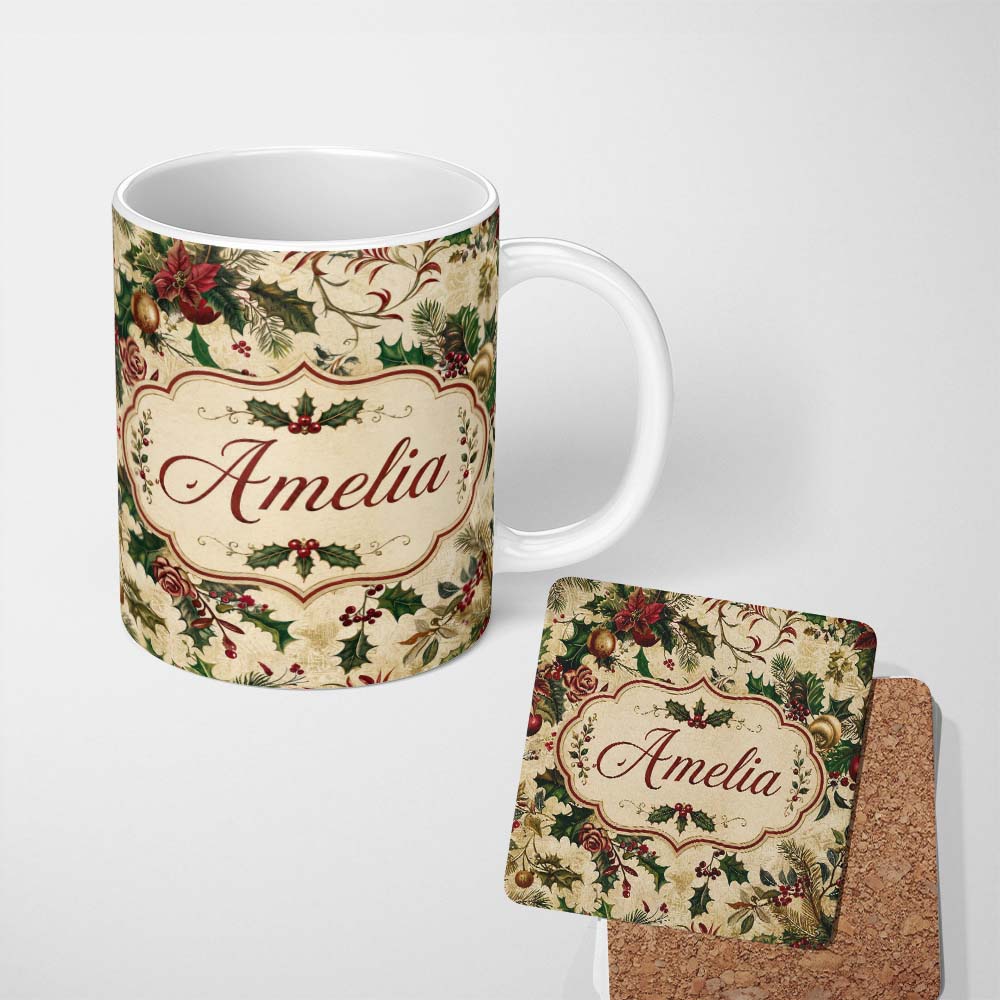 Personalized Custom Name Classic Christmas Floral Holly Berries Pine Leaves Vintage Seamless 11oz Ceramic Coffee Tea Mug White Large Handle