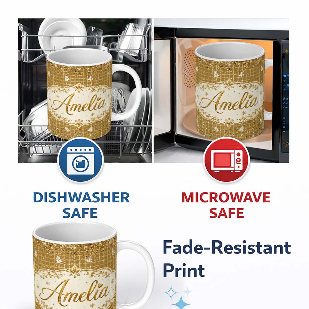 Personalized Custom Name Gold Grid Christmas Tree Glitter Seamless Pattern Design Festive 11oz Ceramic Coffee Tea Mug White Large Handle