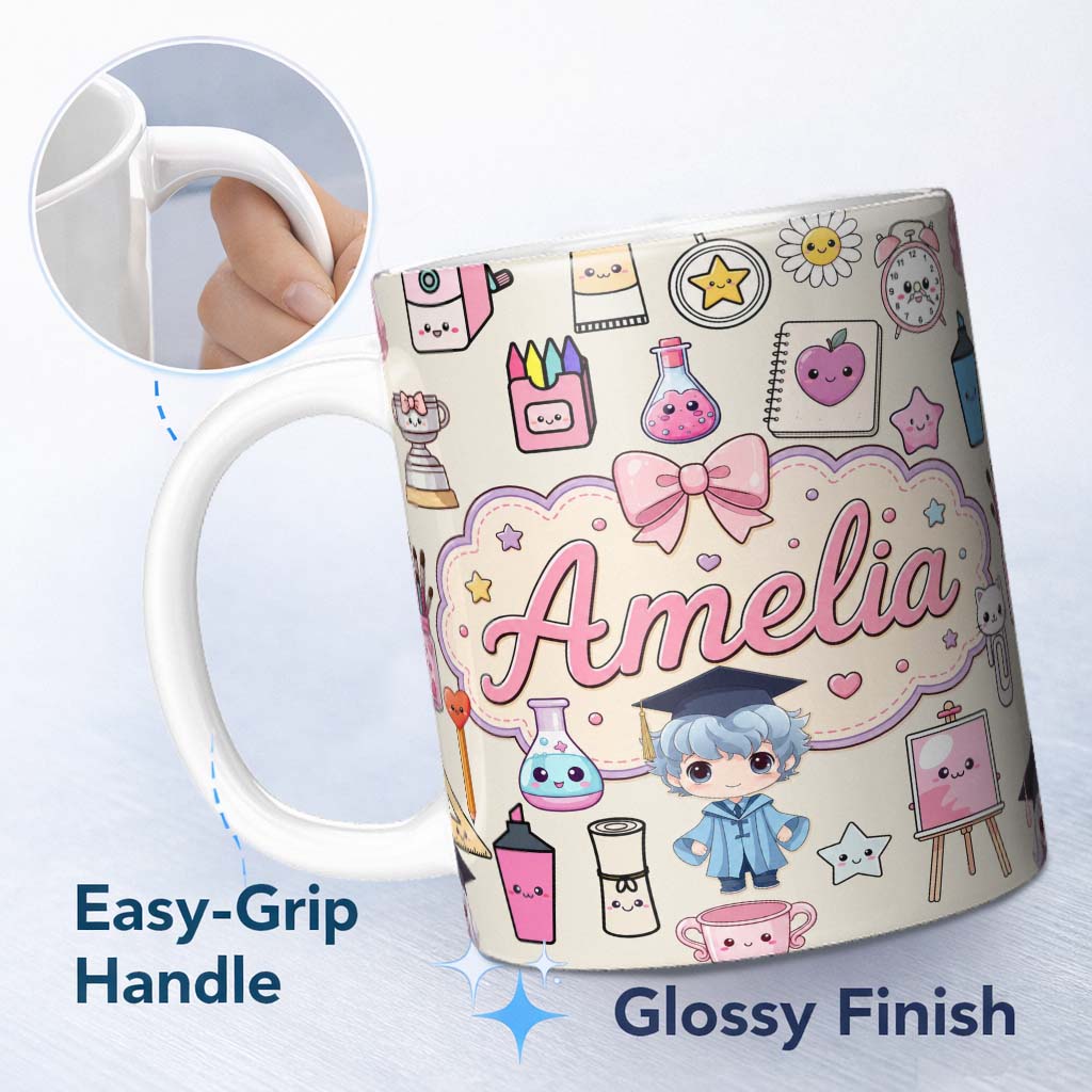 Personalized Custom Name Cute Kawaii Graduate Boy Science Art Supplies Seamless Pattern Cream 11oz Ceramic Coffee Tea Mug White Large Handle