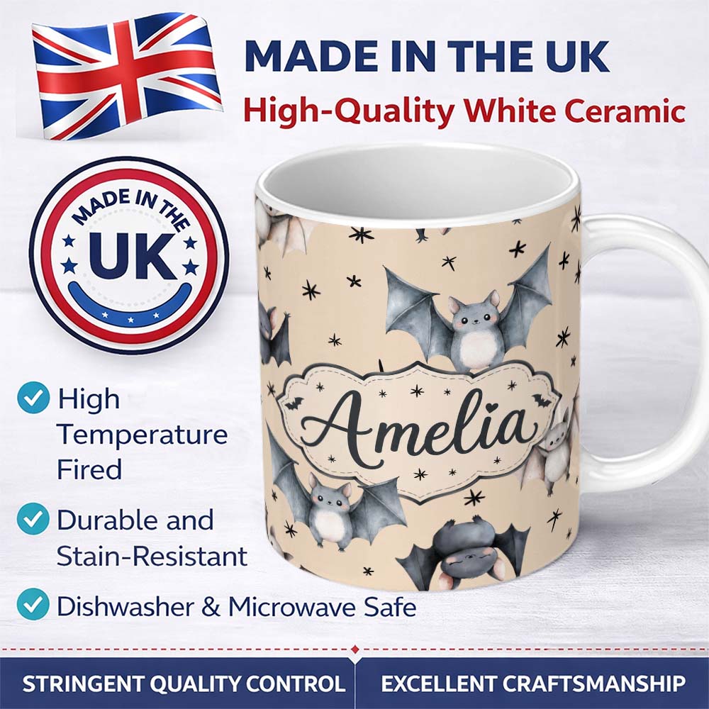 Personalized Custom Name Cute Baby Bats Flying with Stars Soft Sand Background Seamless 11oz Ceramic Coffee Tea Mug White Large Handle