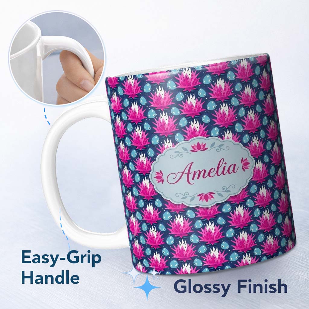 Personalized Custom Name Pink Lotus Flower and Seed Pods Seamless Pattern Cute Unique Gift 11oz Ceramic Coffee Tea Mug White Large Handle