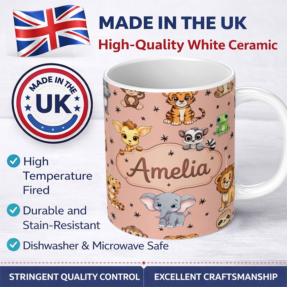Personalized Custom Name Cute Jungle Baby Animals Lion Tiger Elephant Giraffe Pattern Peach 11oz Ceramic Coffee Tea Mug White Large Handle