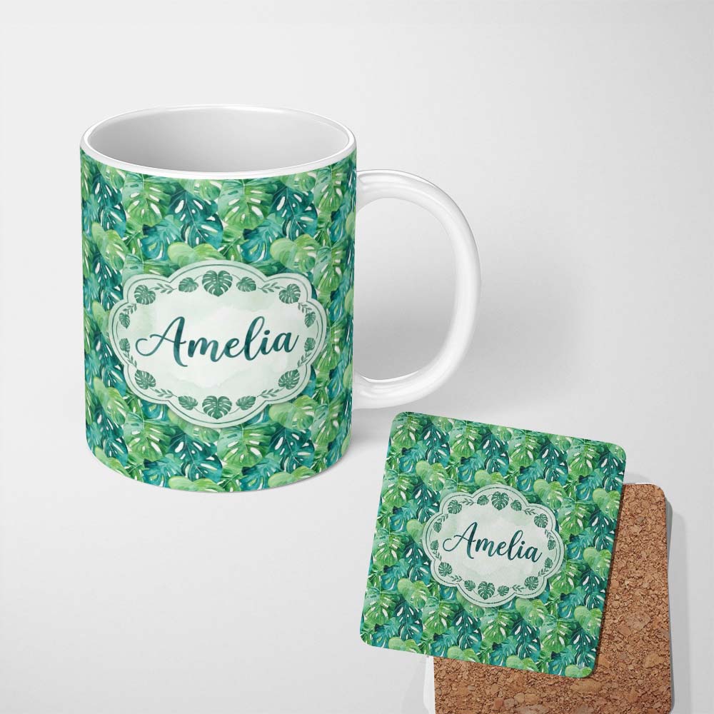Personalized Custom Name Rich Green Monstera Jungle Leaves Dense Seamless Pattern Lovely 11oz Ceramic Coffee Tea Mug White Large Handle