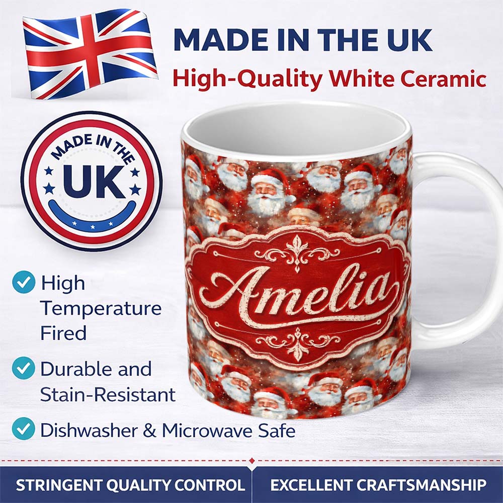 Personalized Custom Name Vintage Style Santa Faces Snowy Red Background Christmas Seamless 11oz Ceramic Coffee Tea Mug White Large Handle