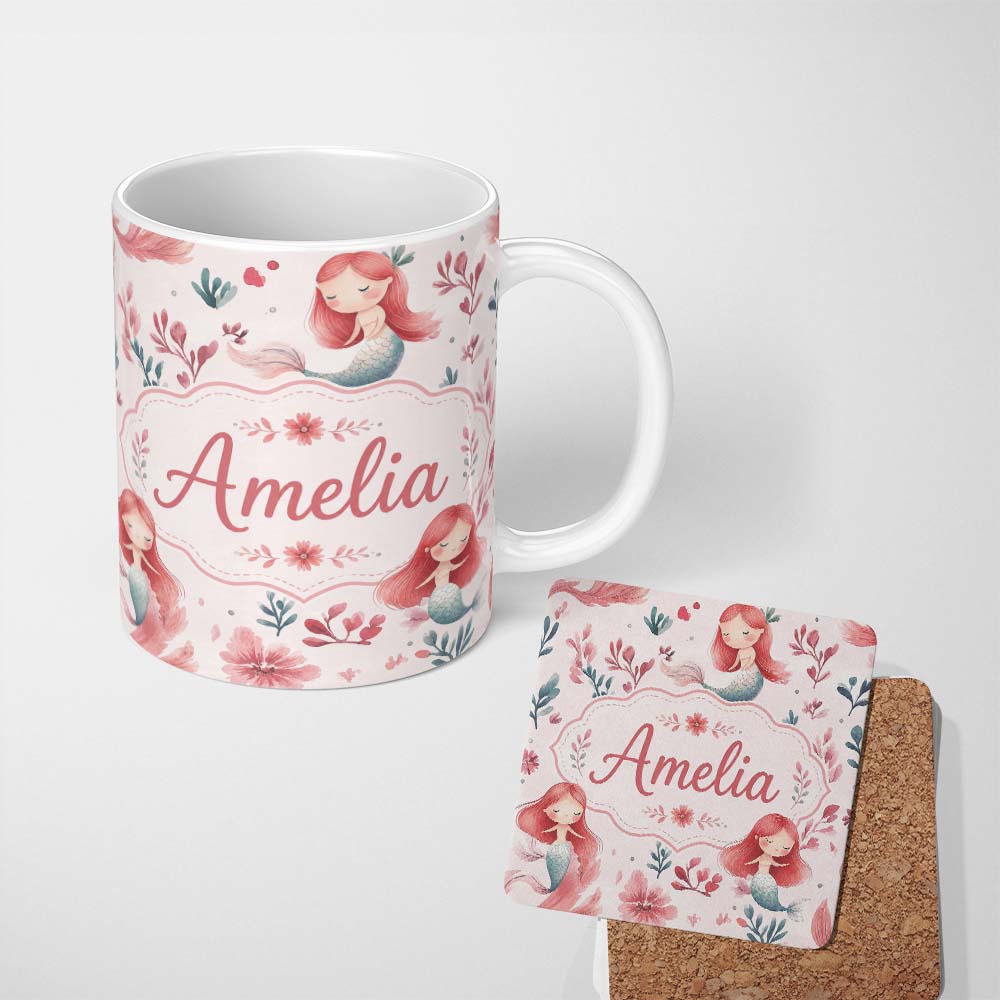 Personalized Custom Name Cute Little Mermaids with Soft Floral Background Seamless Pattern 11oz Ceramic Coffee Tea Mug White Large Handle