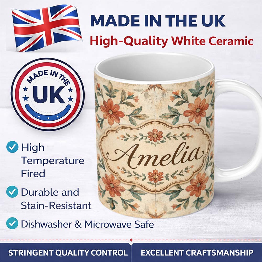 Personalized Custom Name Vintage Tile Style Floral Motif Soft Neutral Seamless Pattern Lovely 11oz Ceramic Coffee Tea Mug White Large Handle