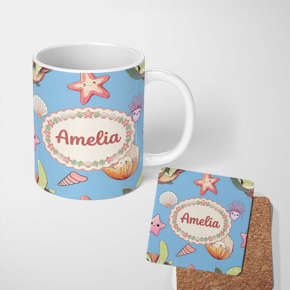 Personalized Custom Name Cute Sea Turtle Starfish Shell Kawaii Ocean Seamless Pattern Blue 11oz Ceramic Coffee Tea Mug White Large Handle
