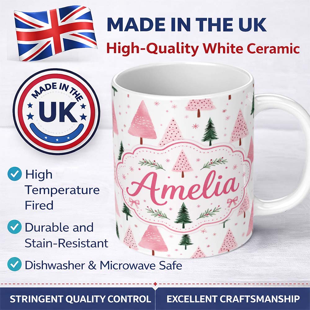 Personalized Custom Name Minimal Pink Green Christmas Tree Snow Seamless Pattern Lovely 11oz Ceramic Coffee Tea Mug White Large Handle