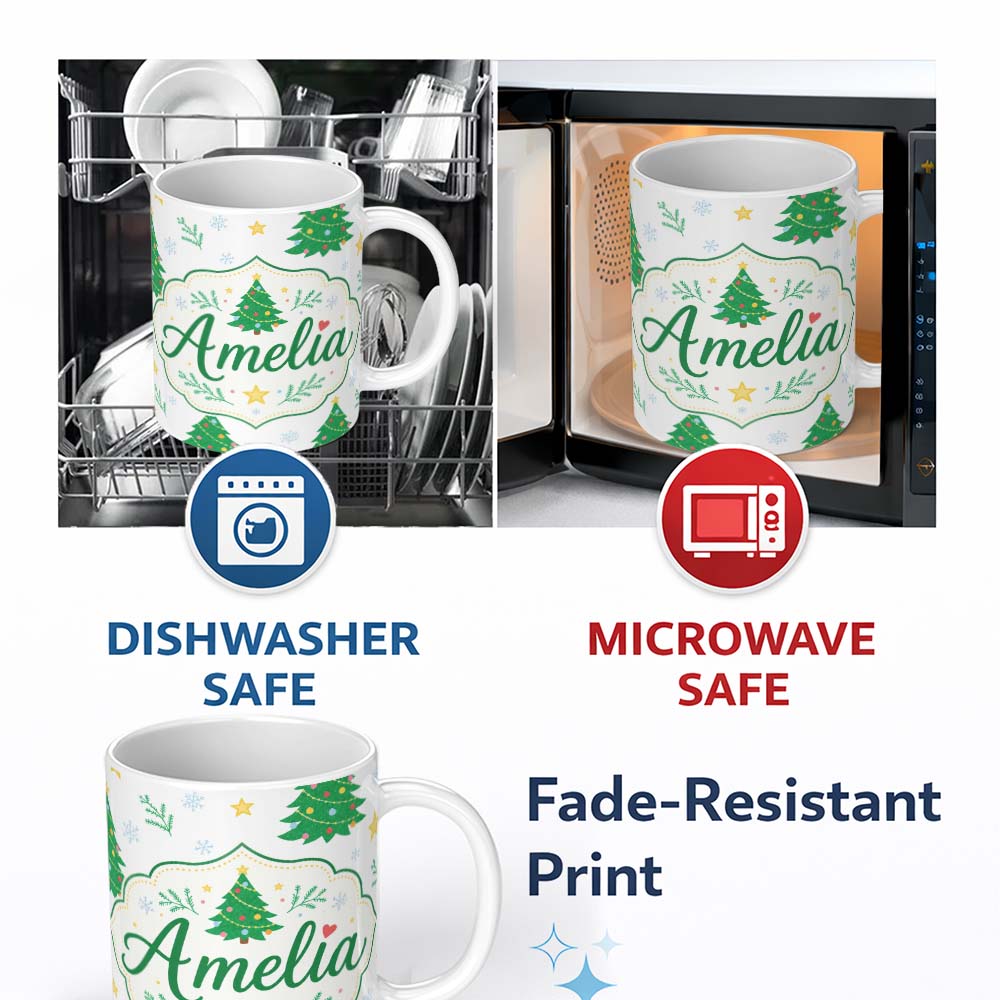 Personalized Custom Name Decorated Christmas Trees with Stars and Snowflakes Bright Holiday 11oz Ceramic Coffee Tea Mug White Large Handle