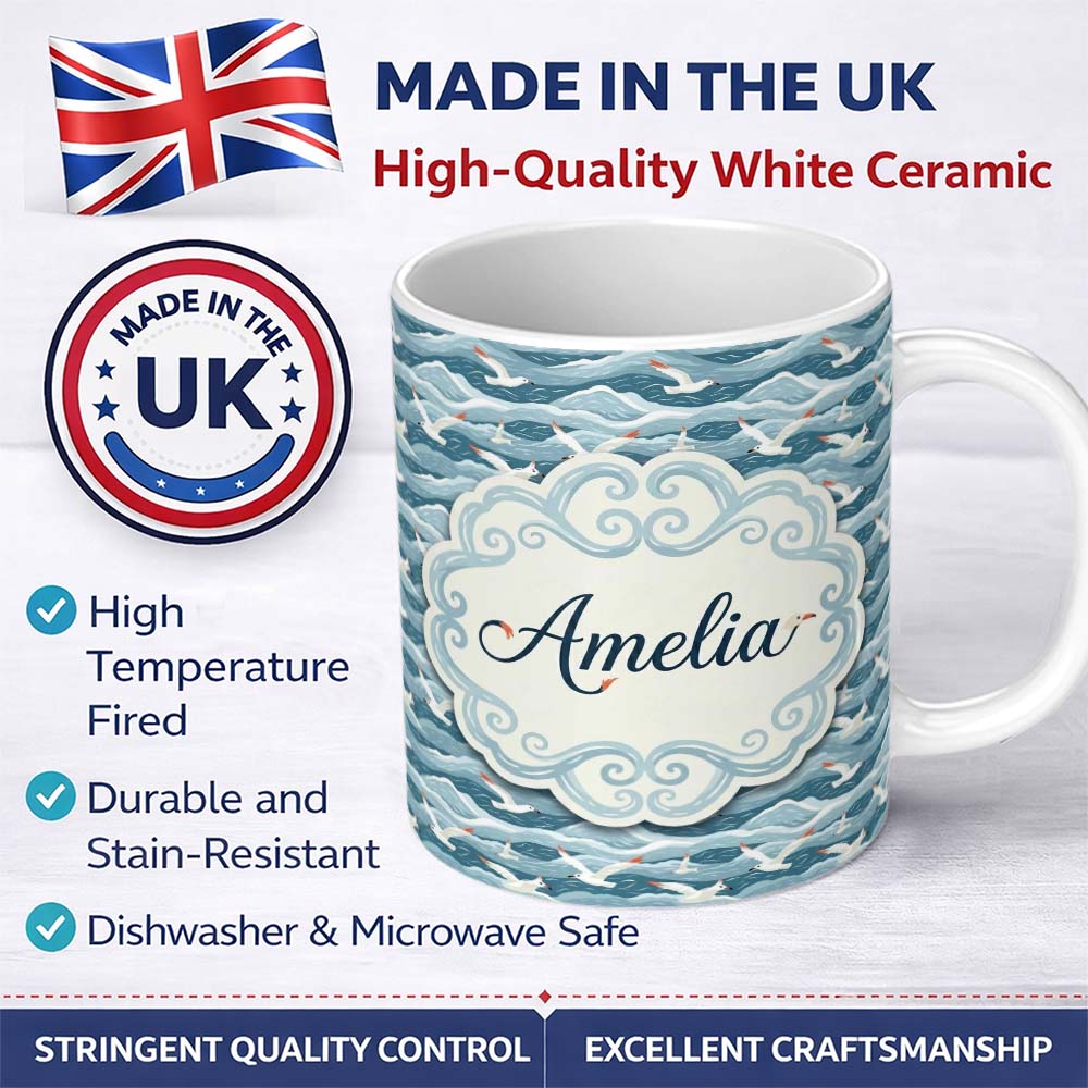 Personalized Custom Name Seagulls Flying Over Ocean Waves Blue Coastal Seamless Pattern 11oz Ceramic Coffee Tea Mug White Large Handle