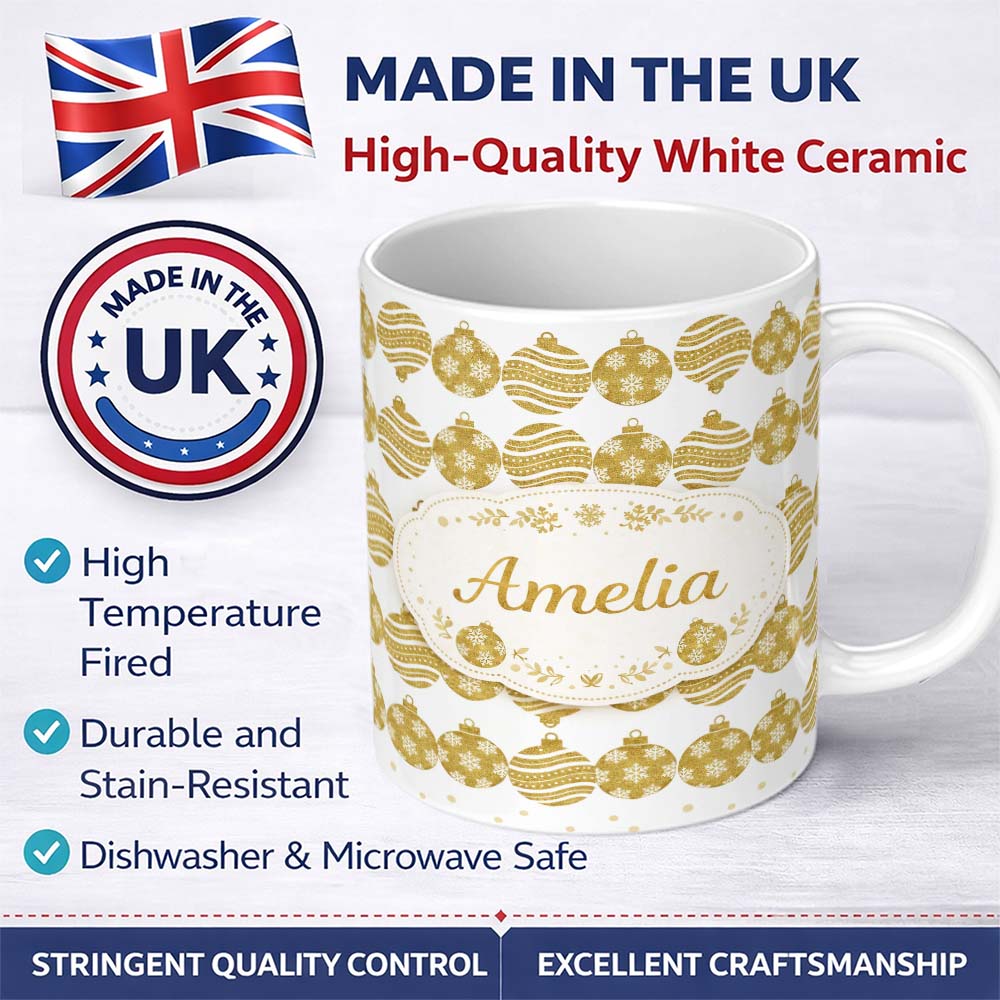 Personalized Custom Name Gold Christmas Baubles Glitter Festive Seamless Pattern Lovely 11oz Ceramic Coffee Tea Mug White Large Handle