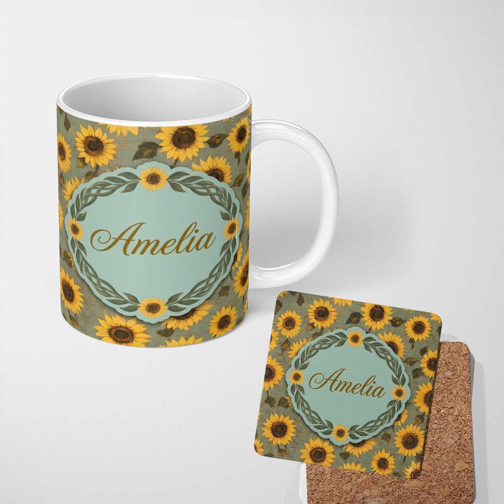 Personalized Custom Name Golden Sunflower Floral on Textured Blue Background Seamless Pattern 11oz Ceramic Coffee Tea Mug White Large Handle