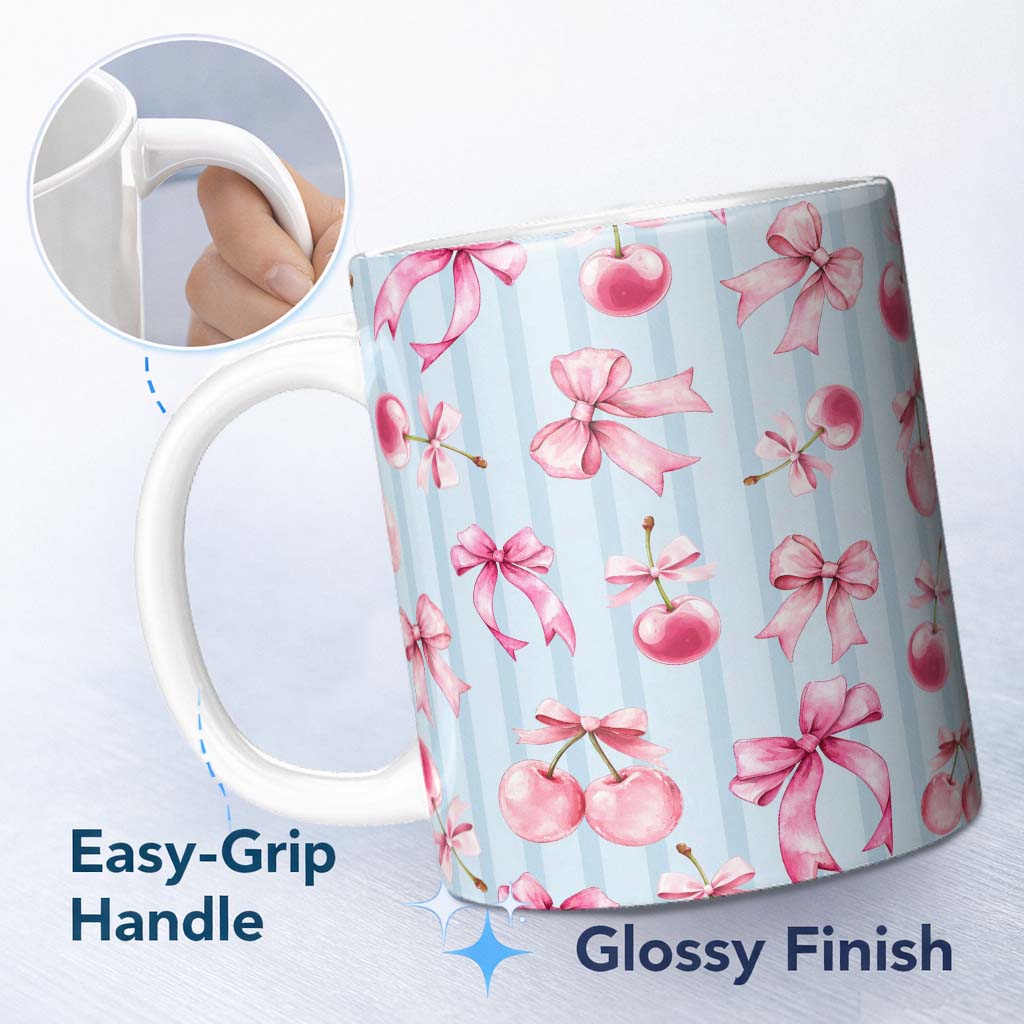 Personalized Custom Name Watercolor Pink Cherry Ribbon Bow Blue Vertical Stripe Background 11oz Ceramic Coffee Tea Mug White Large Handle