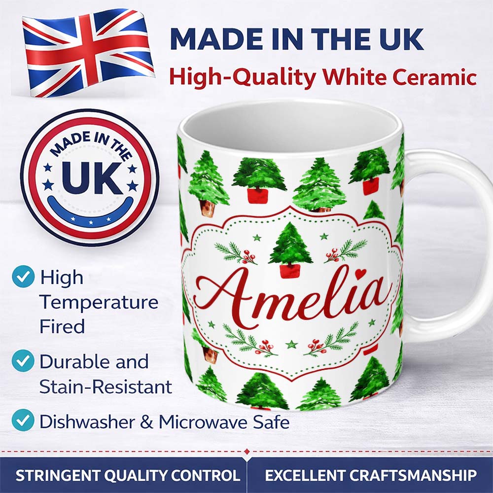 Personalized Custom Name Watercolor Christmas Trees in Pots Hand Painted Seamless Pattern 11oz Ceramic Coffee Tea Mug White Large Handle