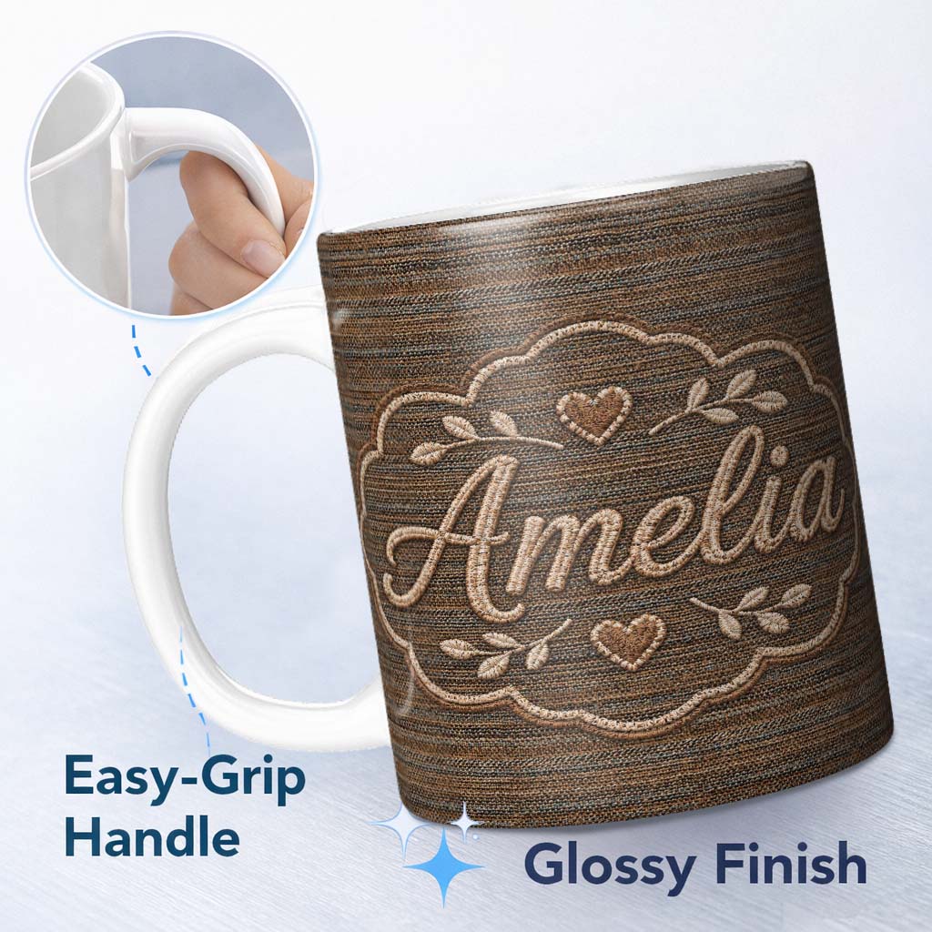 Personalized Custom Name Brown Woven Texture Horizontal Stripes Seamless Pattern Lovely 11oz Ceramic Coffee Tea Mug White Large Handle