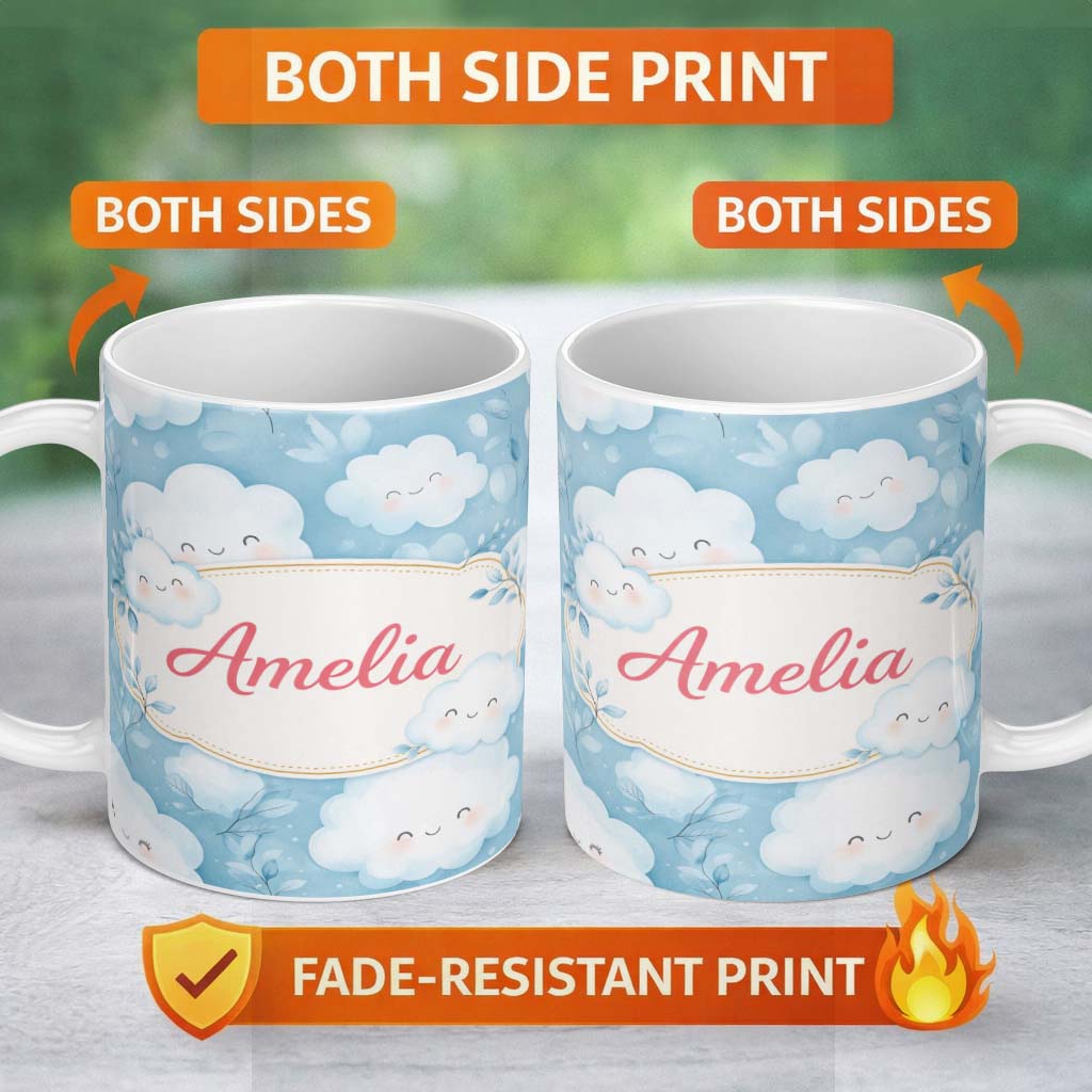 Personalized Custom Name Soft Smiling Cloud Blue Sky Baby Pattern Stylish Everyday Mug Lovely 11oz Ceramic Coffee Tea Mug White Large Handle