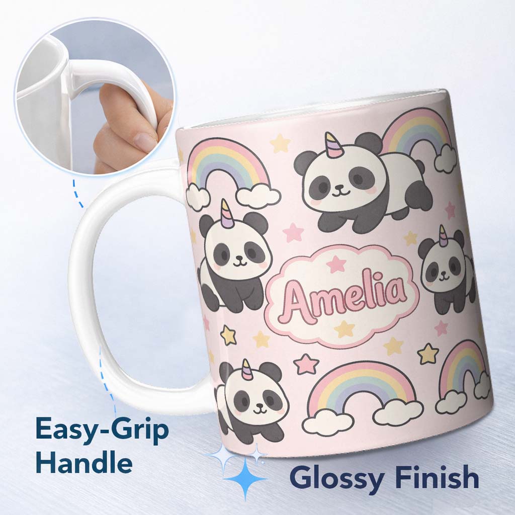 Personalized Custom Name Cute Panda Unicorn Cartoon Animal Pattern Beautiful Coffee Cup 11oz Ceramic Coffee Tea Mug White Large Handle