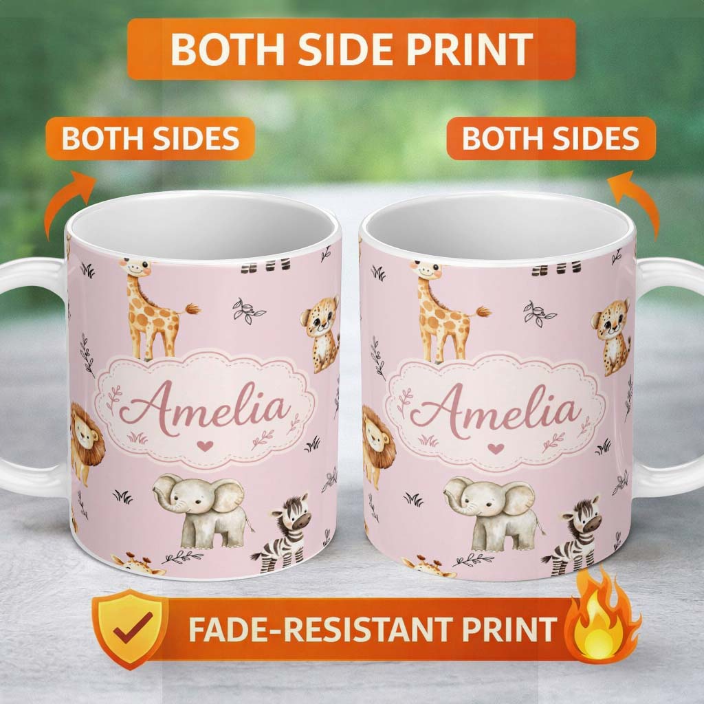 Personalized Custom Name Safari Animals with Elephant Lion and Leopard Cub on Dusty Rose 11oz Ceramic Coffee Tea Mug White Large Handle