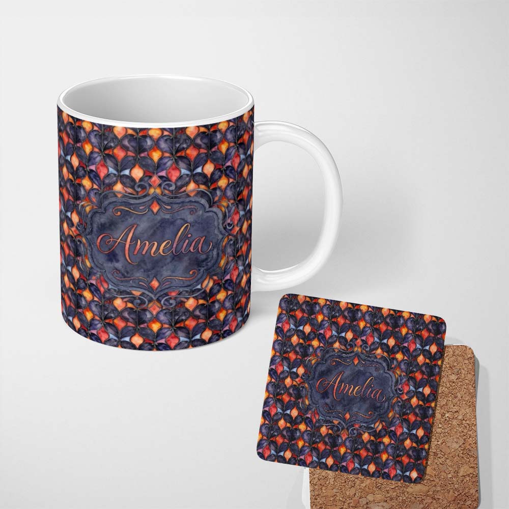Personalized Custom Name Warm Abstract Floral Tile Pattern in Orange and Navy Seamless Lovely 11oz Ceramic Coffee Tea Mug White Large Handle