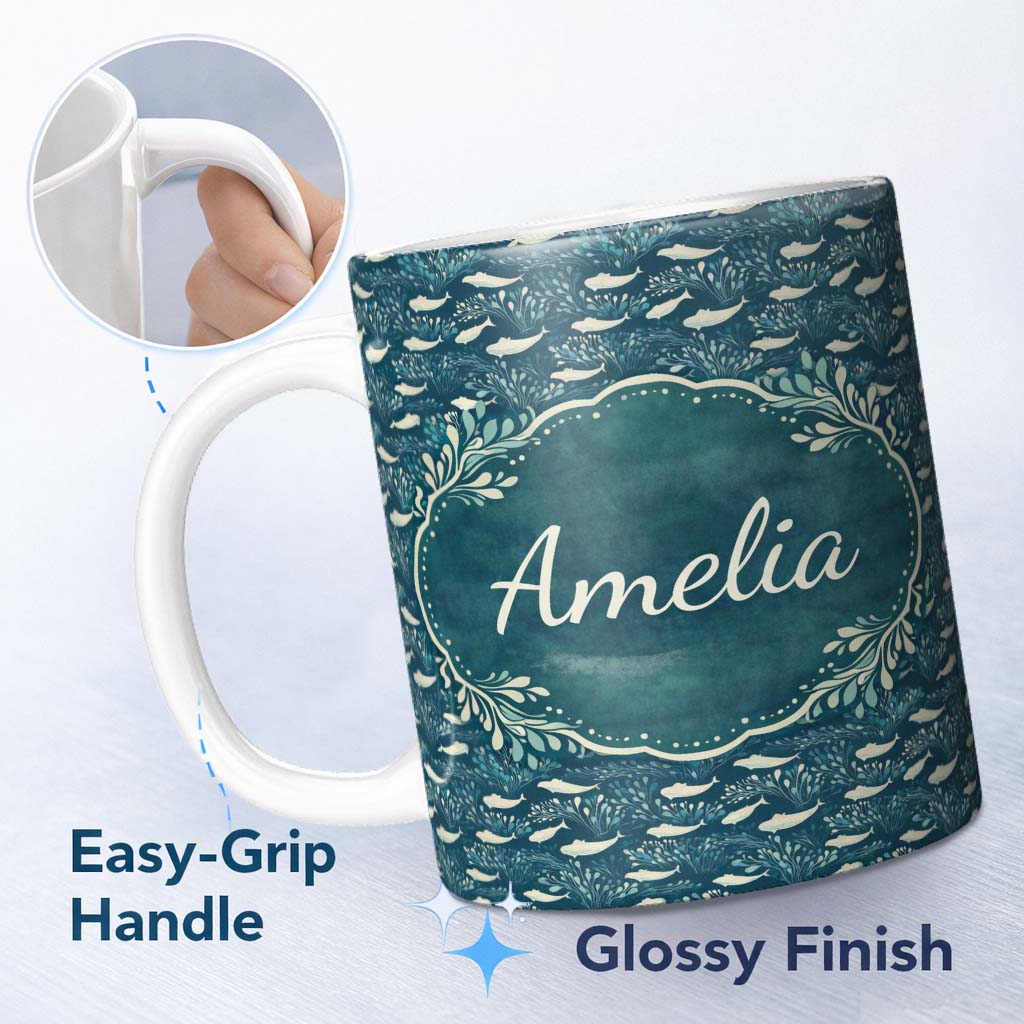 Personalized Custom Name Dark Blue Whale Seamless Pattern Ocean Marine Animal Silhouette 11oz Ceramic Coffee Tea Mug White Large Handle