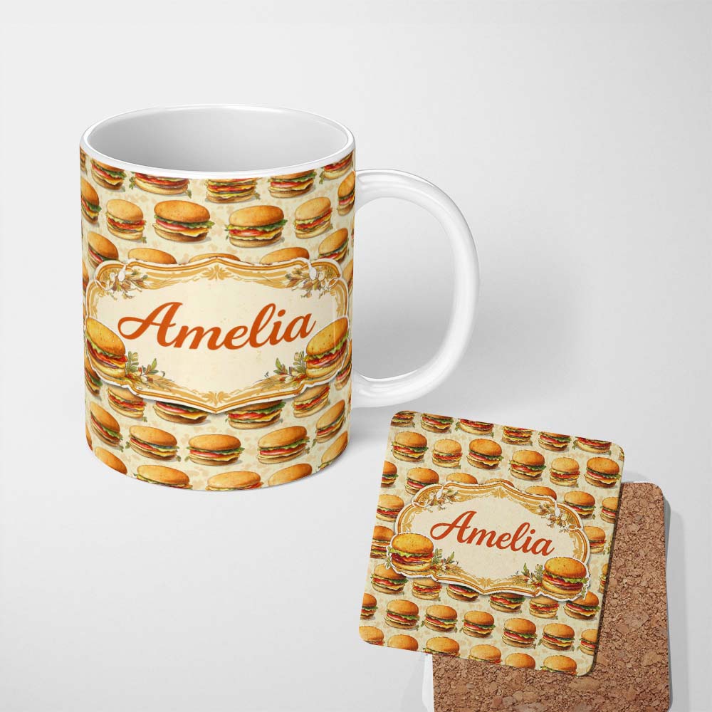 Personalized Custom Name Vintage Burger Illustration Seamless Pattern Fast Food Snack Design 11oz Ceramic Coffee Tea Mug White Large Handle