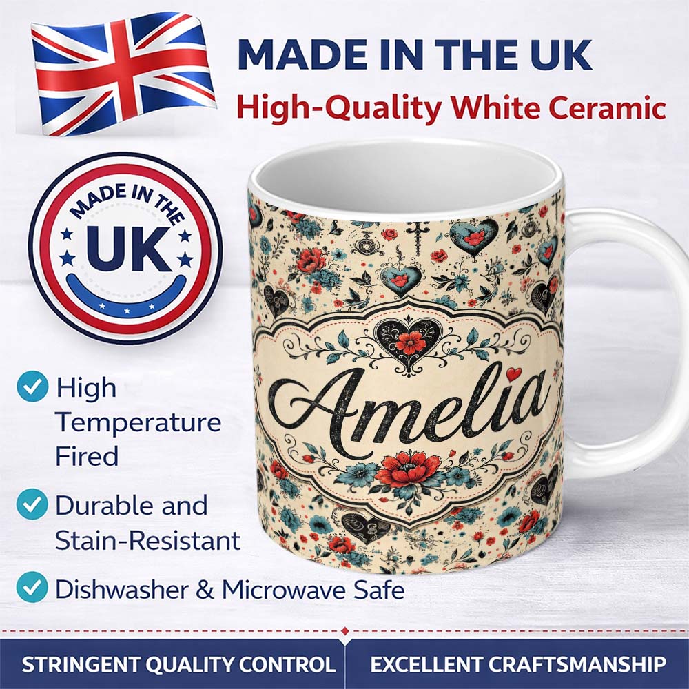 Personalized Custom Name Vintage Floral Heart and Botanical Illustration Seamless Pattern 11oz Ceramic Coffee Tea Mug White Large Handle