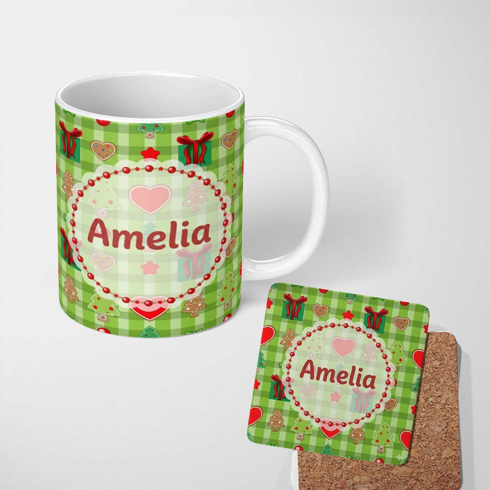 Personalized Custom Name Cute Christmas Trees Hearts Gifts Green Plaid Seamless Pattern 11oz Ceramic Coffee Tea Mug White Large Handle