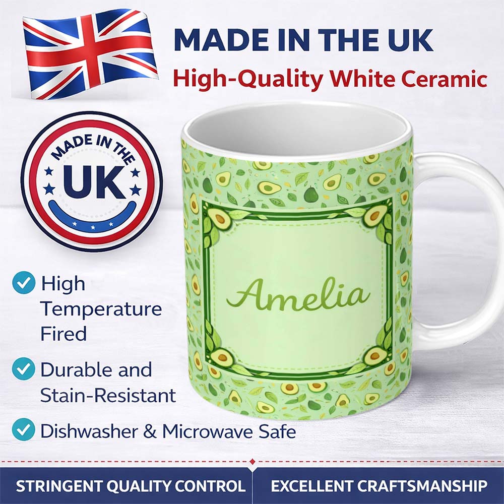 Personalized Custom Name Minimal Avocado Green Aesthetic Pattern Stylish Everyday Mug Lovely 11oz Ceramic Coffee Tea Mug White Large Handle