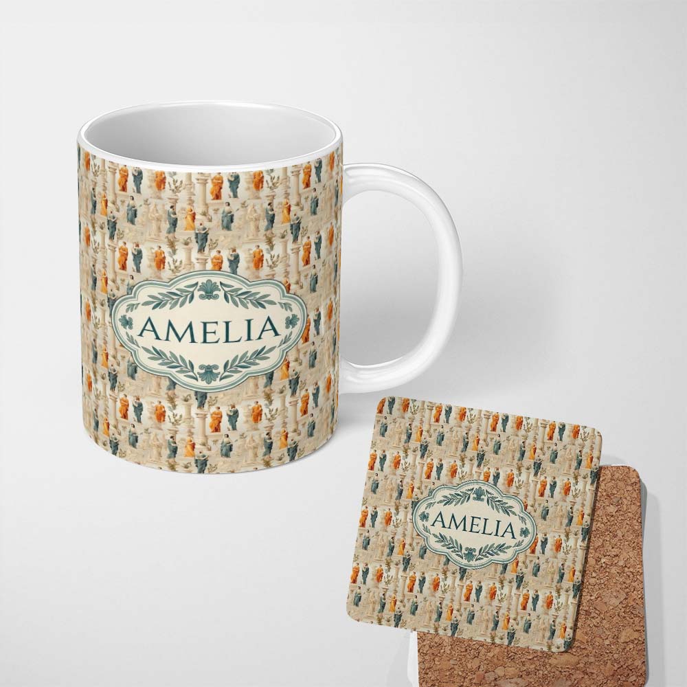Personalized Custom Name Classical Statue Roman Column Vintage Art Seamless Pattern Lovely 11oz Ceramic Coffee Tea Mug White Large Handle