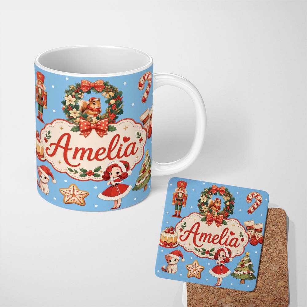 Personalized Custom Name Christmas Nutcracker Squirrel Cake Candy Cane Girl Tree Blue Snow 11oz Ceramic Coffee Tea Mug White Large Handle