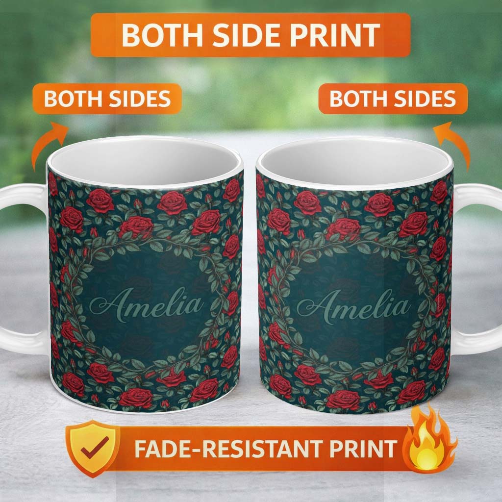 Personalized Custom Name Elegant Red Rose Seamless Floral Pattern on Dark Teal Background 11oz Ceramic Coffee Tea Mug White Large Handle