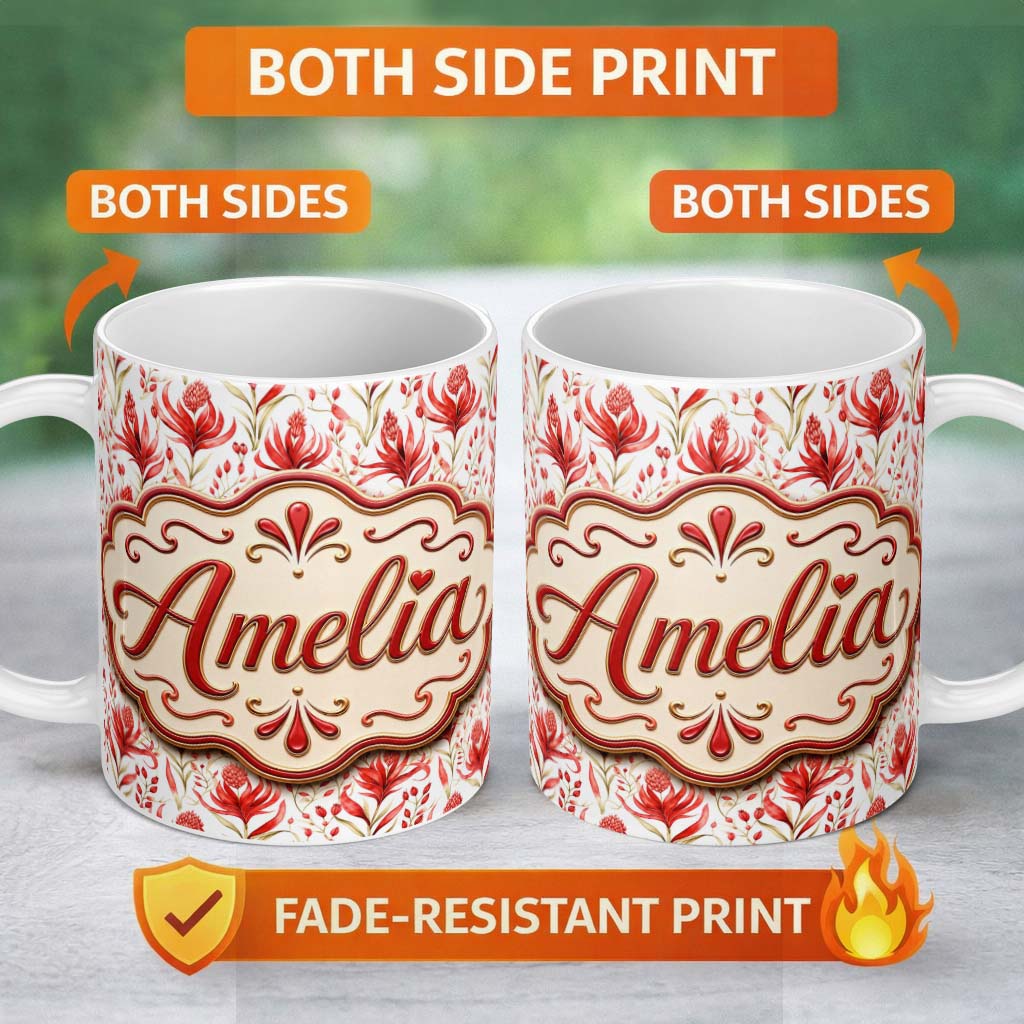 Personalized Custom Name Elegant Red Black Floral Scroll Seamless Pattern Cute Unique Gift 11oz Ceramic Coffee Tea Mug White Large Handle