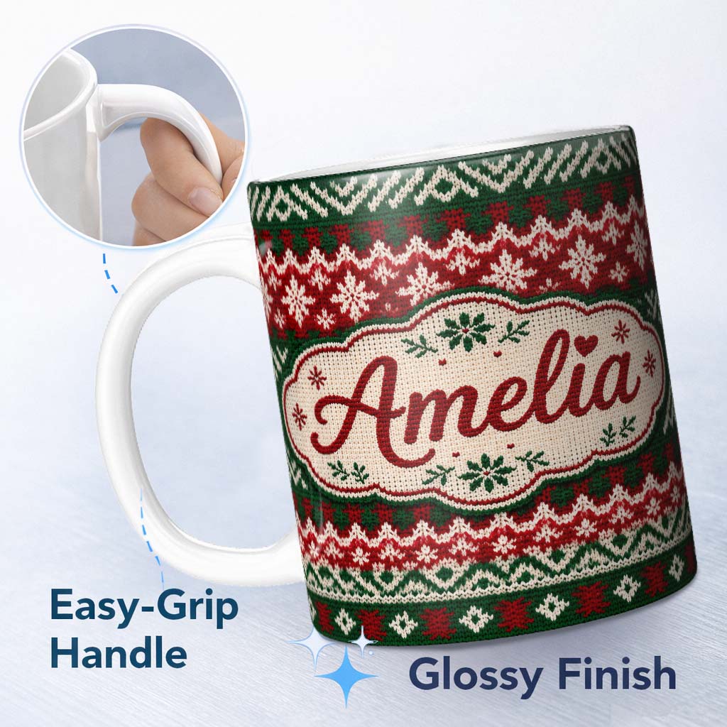 Personalized Custom Name Cute Traditional Red White Nordic Christmas Tree Snowflake Seamless 11oz Ceramic Coffee Tea Mug White Large Handle