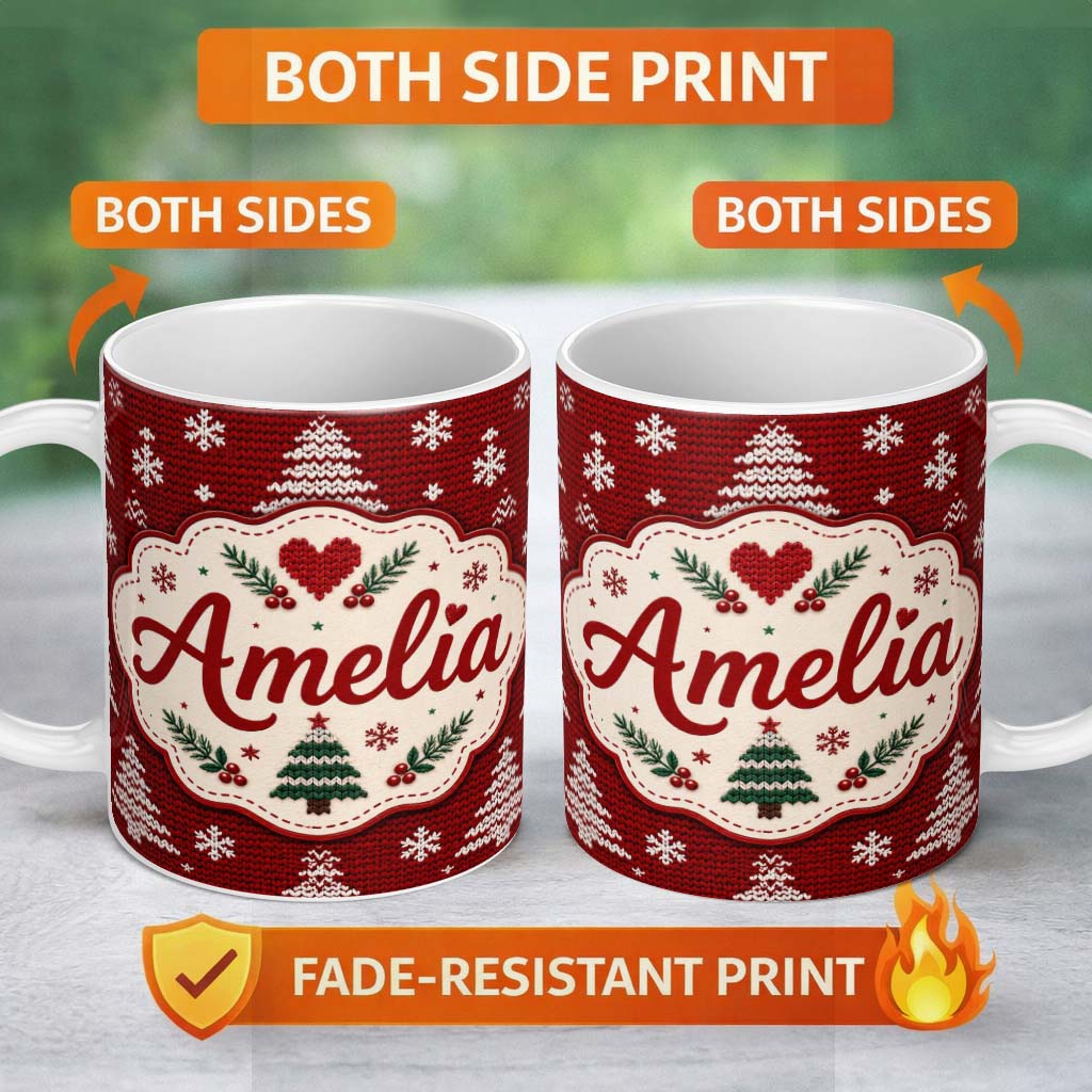 Personalized Custom Name Cute Red White Knitted Christmas Tree Snowflake Nordic Seamless 11oz Ceramic Coffee Tea Mug White Large Handle