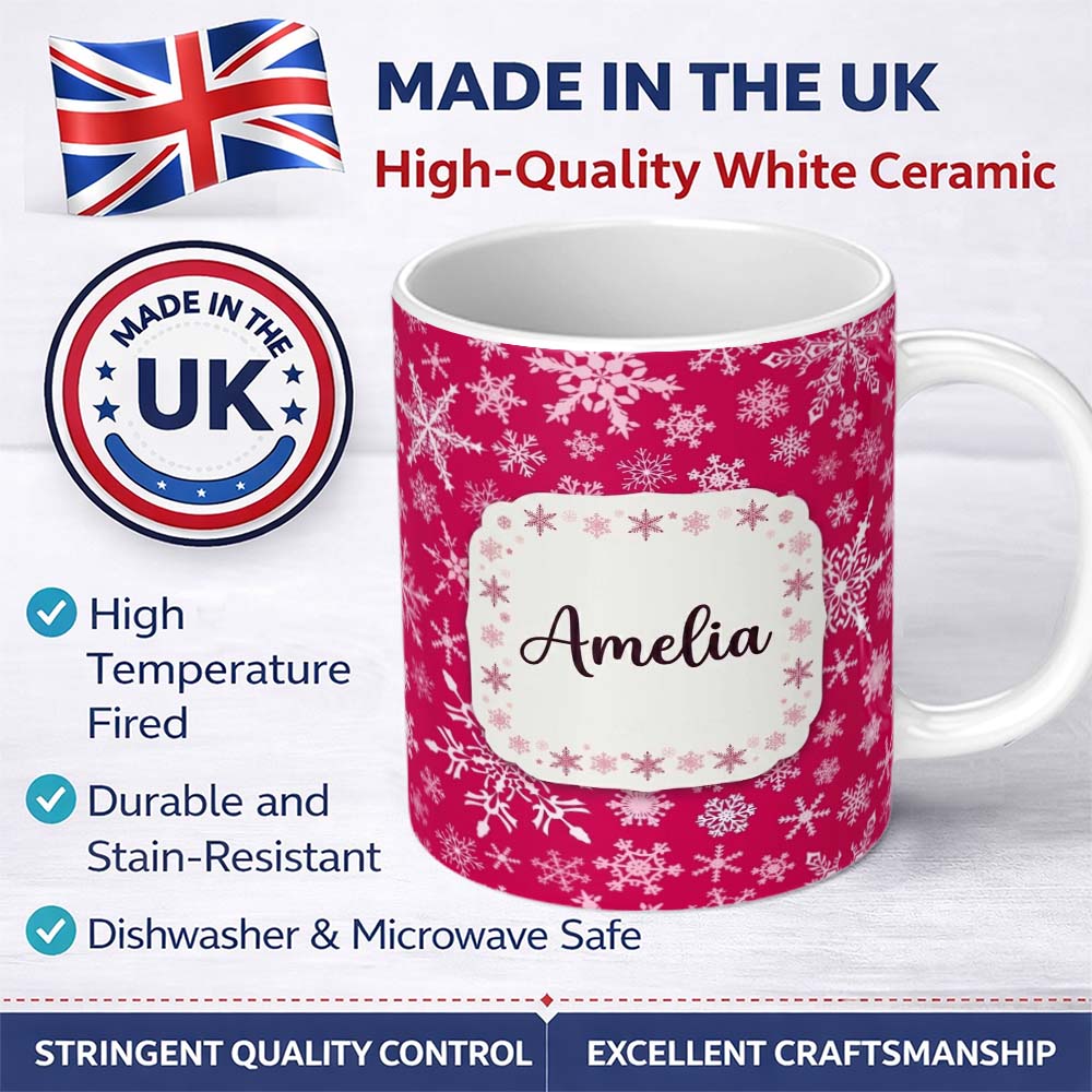 Personalized Custom Name Classic Red White Snowflake Christmas Seamless Pattern Lovely 11oz Ceramic Coffee Tea Mug White Large Handle