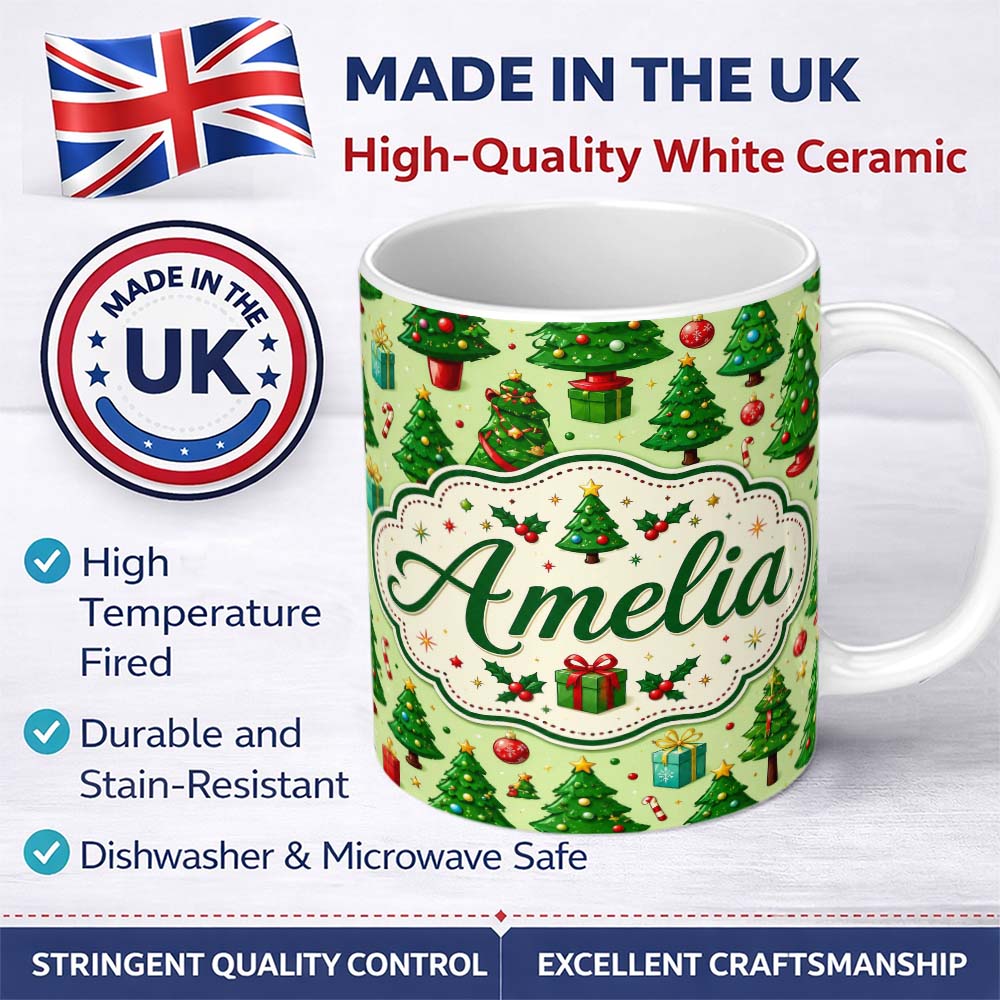 Personalized Custom Name Whimsical Christmas Trees Gifts Ornaments Festive Seamless Pattern 11oz Ceramic Coffee Tea Mug White Large Handle