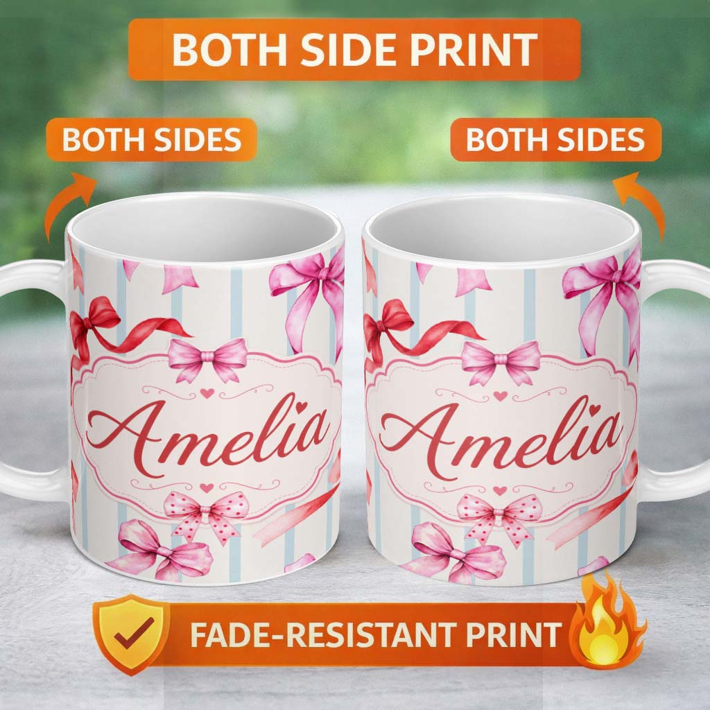 Personalized Custom Name Watercolor Red Pink Ribbon Bows Blue Stripe Background Cute Girly 11oz Ceramic Coffee Tea Mug White Large Handle