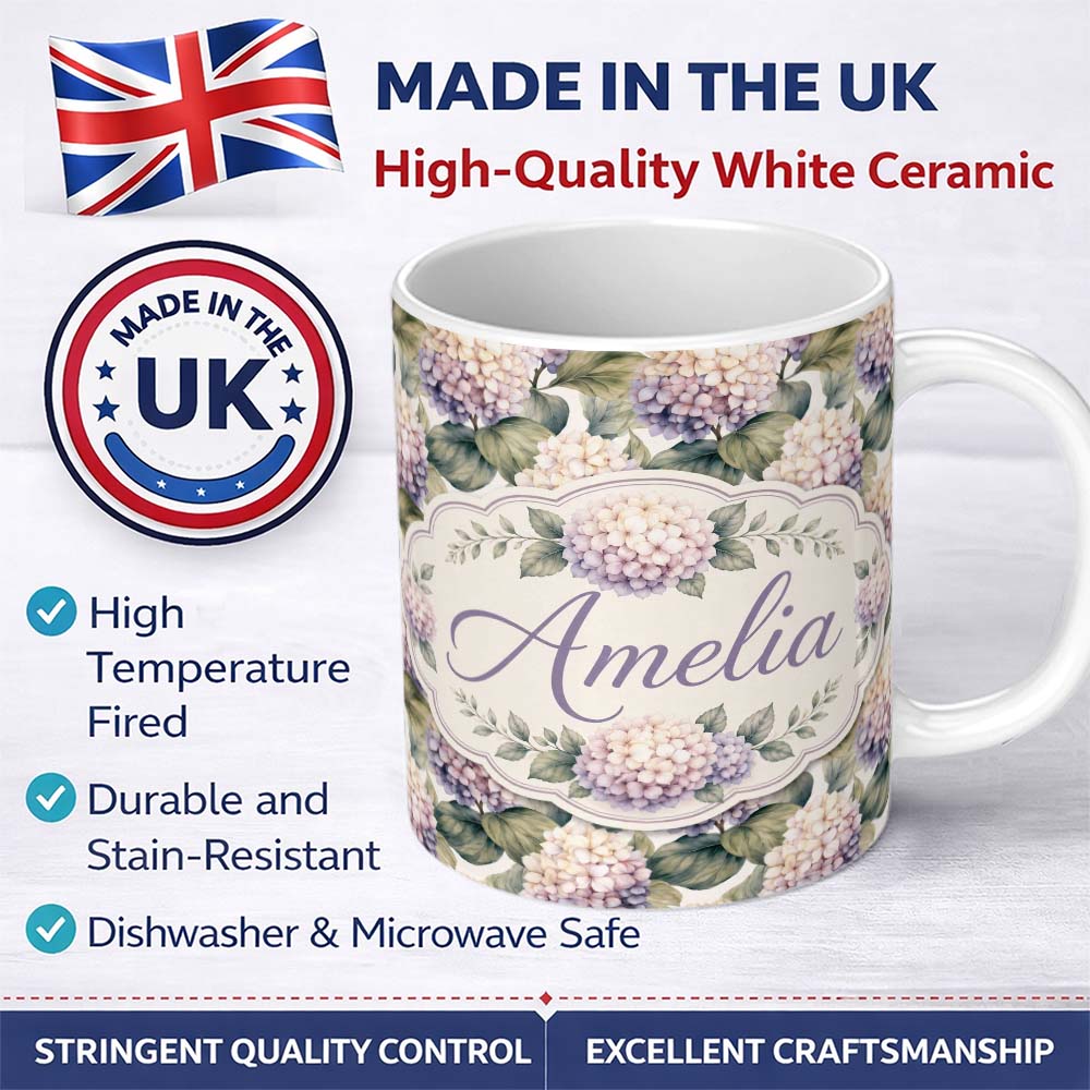 Personalized Custom Name Cream and Lavender Hydrangea Botanical Seamless Pattern Lovely 11oz Ceramic Coffee Tea Mug White Large Handle