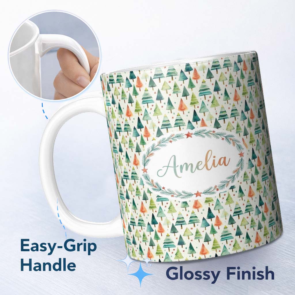 Personalized Custom Name Hand Drawn Christmas Tree Holiday Pattern Cream Background Seamless 11oz Ceramic Coffee Tea Mug White Large Handle